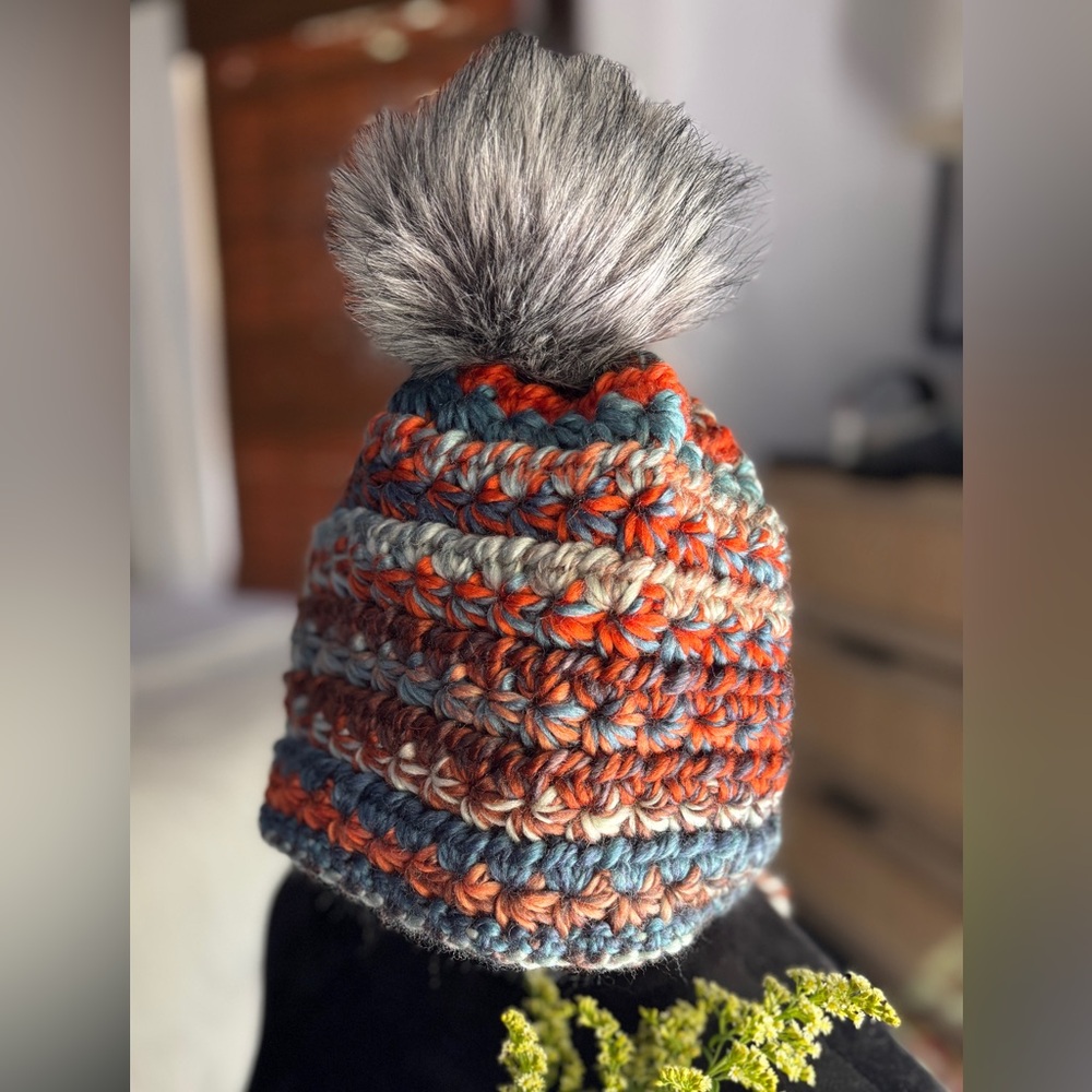 Multicolor Handmade Beanie with Faux Fur Pom